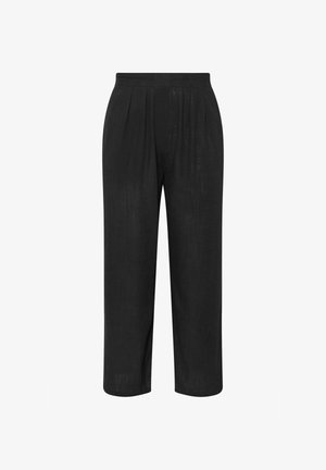 Zwarte wijde broek met hoge taille, voorplooien en cropped lengte, gemaakt van lichtgewicht stof.