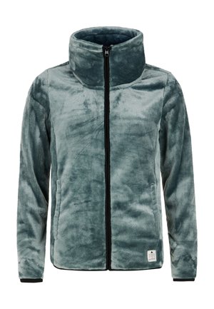 Fleece jakna u prigušenoj tirkiznoj boji s visokim ovratnikom, punim prednjim zipom, crnim detaljima i bočnim džepovima. Mekana tekstura, minimalno brendiranje na dnu.