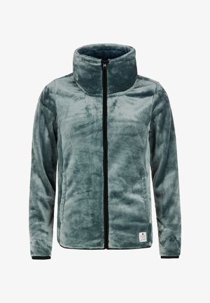 Giacca in pile di un teal smorzato con colletto alto, zip frontale completa, dettagli neri e tasche laterali. Morbida al tatto, con branding minimale nella parte inferiore.