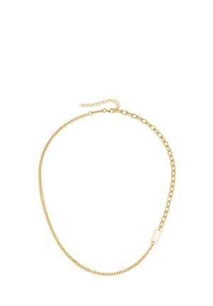 Goldene Kettenhalskette mit einer Mischung aus kleinen runden Gliedern und größeren rechteckigen Gliedern, ausgestattet mit einem verstellbaren Verschluss für eine individuelle Passform.