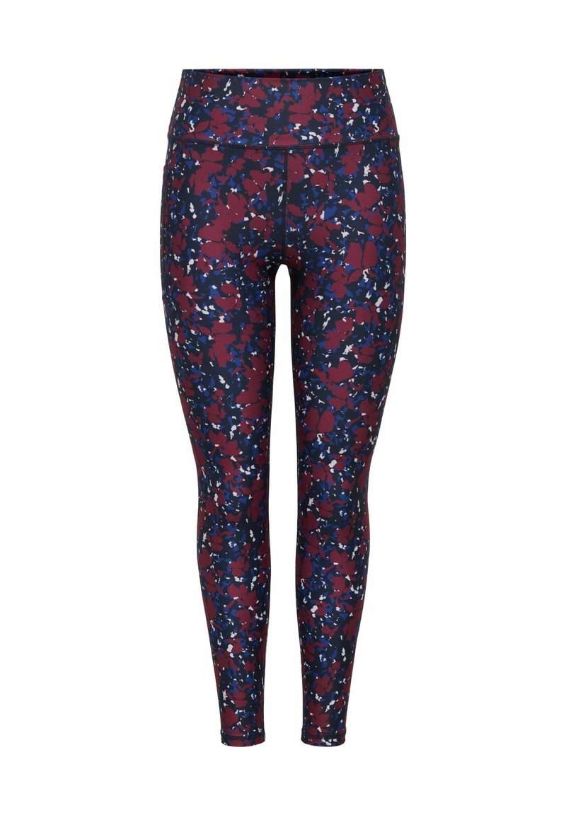 Leggings realizzati in tessuto elasticizzato con uno sfondo blu scuro e un motivo floreale multicolore in tonalità di bordeaux, bianco e blu.