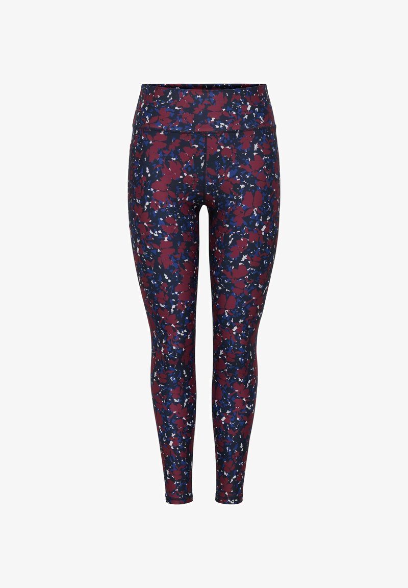 Leggingi iz elastičnega materiala z temno marinastim ozadjem in večbarvnim cvetličnim vzorcem v burgunder, belem in modrem odtenku.