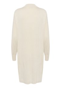Langer, cremefarbener Cardigan mit lockerer Passform, gerippten Bündchen und einer weichen, strukturierten Oberfläche. Schlichtes Design mit einem runden Halsausschnitt.