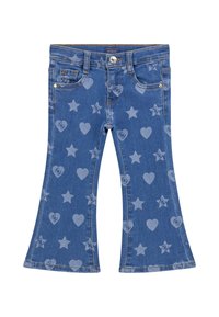 Jeans a zampa d'elefante blu con motivi a cuore e stella, dotati di tasche anteriori, chiusura a bottone e una texture in denim lavato chiaro.