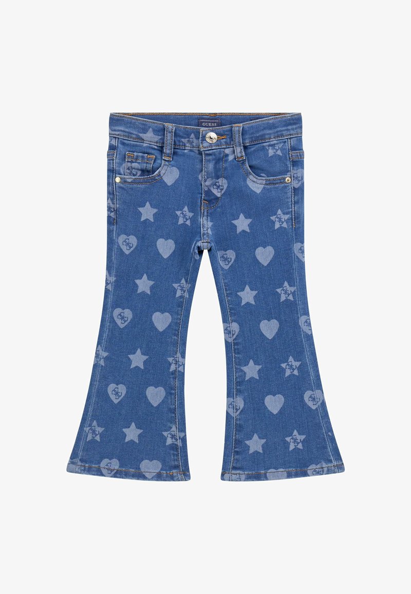 Blå flared jeans med hjerte- og stjernemønstre, der har frontlommer, en knaplukning og en lys vask af denim.