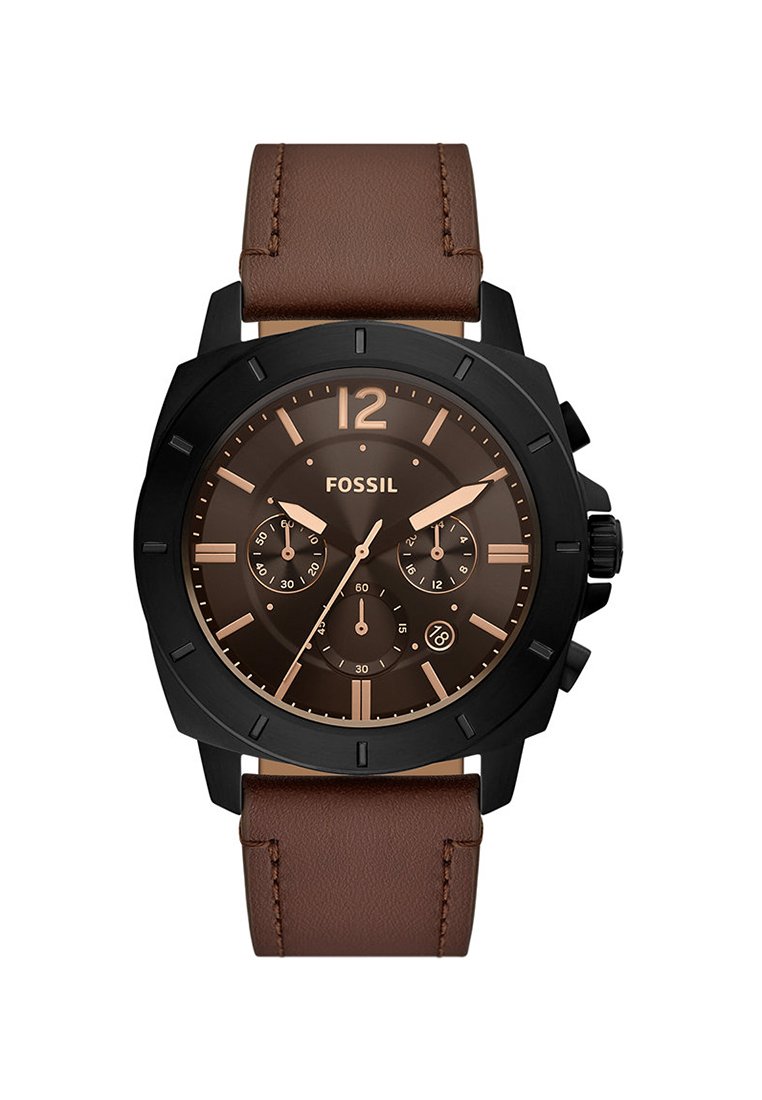 Bransoletkowy zegarek ze brązowej skóry z czarną kopertą, ciemnobrązową tarczą i różowozłotymi akcentami, posiadający sub-tarcze chronografu oraz wyświetlacz daty.