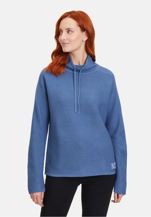 Blauer gerippter Pullover mit Rollkragen und Kordelzügen. Verfügt über lange Ärmel und eine lockere Passform. Kleines weißes Logo-Akzent am Saum.