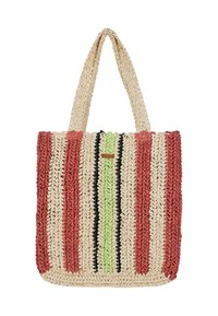 Sac en toile tissé avec des rayures rouges, crème et vertes, de forme rectangulaire et doté de deux poignées robustes. Matériau en fibre naturelle texturée.