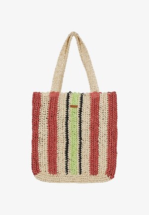 Sac en toile tissé avec des rayures rouges, crème et vertes, de forme rectangulaire et doté de deux poignées robustes. Matériau en fibre naturelle texturée.