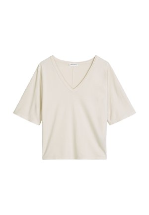 T-shirt ample à manches courtes avec col en V, couleur blanc cassé, ourlet droit, présenté sur un fond blanc.