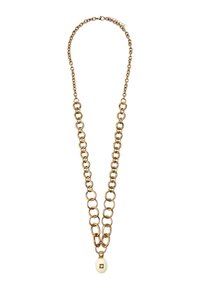 Złoty łańcuszek z dużymi ogniwami, z ozdobnym białym wisiorkiem z kwadratowym akcentem. Gładka faktura i błyszczące wykończenie.