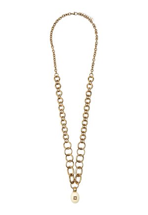 Złoty łańcuszek z dużymi ogniwami, z ozdobnym białym wisiorkiem z kwadratowym akcentem. Gładka faktura i błyszczące wykończenie.