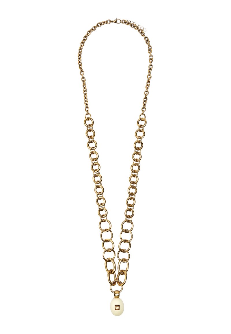 Złoty łańcuszek z dużymi ogniwami, z ozdobnym białym wisiorkiem z kwadratowym akcentem. Gładka faktura i błyszczące wykończenie.