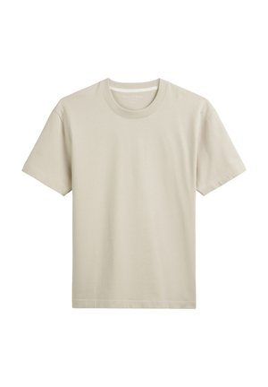 Beige cotton T-shirt with a crew neck, short sleeves, and a smooth texture. Features a simple, solid design without patterns or accents.