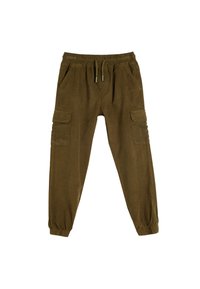 Khaki cargo-housut, joissa on joustava vyötärö, säädettävä nyöri, sivutaskut ja kapenevat hihansuut. Teksturoitu kangas, jossa on pehmeä pinta.