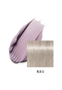 Probenfarbmuster für Lavendel-Haarfarbe mit glatter, glänzender Textur neben einem rechteckigen Muster hellen, silbrigen Haares mit der Kennzeichnung 9,5-1.