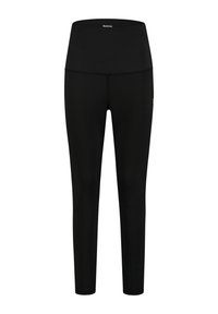 Zwarte leggings met een hoge tailleband, gemaakt van een gladde, elastische stof. Heeft een minimaal ontwerp en een logo-detail bij de taille.