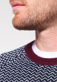 Navy and white patterned sweater with a maroon ribbed crew neck, featuring a close-up view of the jawline and beard.