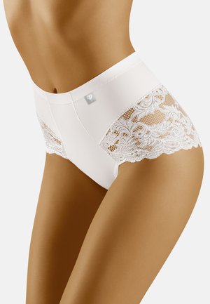 Mutande bianche a vita alta con pannelli laterali in pizzo floreale, tessuto liscio e una piccola accentuazione con logo. Texture morbida e dettagli di design delicati.