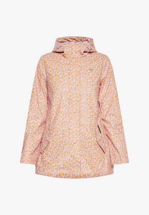 Vandeniui atspari striukė iš minkštos rožinės medžiagos su oranžiniu leopardų raštu. Su kapišonu, ilgomis rankovėmis ir šoninėmis kišenėmis.