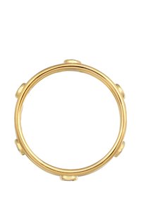 Inel de aur cu un design neted, circular, având trei accente mici, rotunde, amplasate uniform pe bandă. Finisaj metalic lustruit.