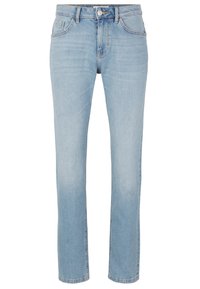 Jeans din denim albastru deschis cu o croială dreaptă, având cinci buzunare, închidere frontală cu nasture și fermoar, și un finisaj ușor decolorat.