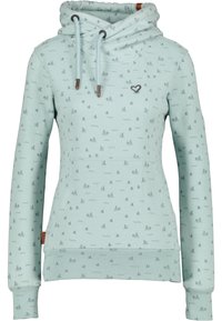 Sudadera verde menta clara con capucha ajustable, que presenta un patrón de veleros repetido y un pequeño logo de corazón en el pecho. Puños texturizados.