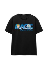 Black T-shirt featuring colorful print of the word "MAGIC" with an illustration of a character. Text includes "Begins Within" below. Short sleeves.