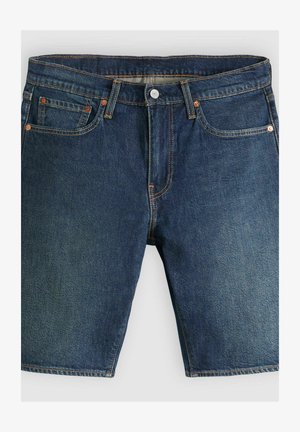 Dark blue denim shorts with front pockets, belt loops, and a button closure, displayed against a plain light background.