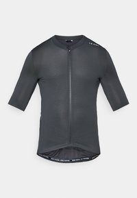 Maillot de cyclisme à manches courtes en gris foncé, avec fermeture zip à l'avant, tissu texturé et ourlet intérieur contrastant portant le texte "ROUTE PLUS VITE. ROUTE PLUS LOIN."
