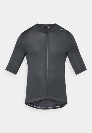 Short-sleeve cycling jersey in dark gray, with zip front, textured fabric, and contrasting inner hem featuring "RIDE FASTER. RIDE FURTHER." text.