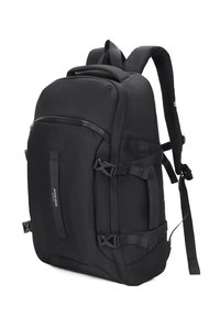 Sac à dos noir en tissu texturé, avec des boucles latérales doubles, des bretelles rembourrées et une poignée supérieure. Doté d'un compartiment avant zippé.