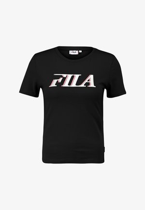 Schwarzes kurzärmeliges T-Shirt aus Baumwolle mit einem weißen und roten FILA-Logo auf der Brust. Klassisches Rundhalsdesign.
