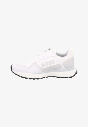 Weiße Sportsneaker mit grauen Akzenten, Obermaterial aus Mesh und Synthetik, Schnürdesign, gepolsterter Kragen und strukturierten Gummisohle.