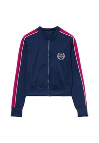 Giacca navy con maniche a righe rosa e bianche, design cropped, chiusura a zip frontale e motivo di Boston ricamato in bianco sul petto.