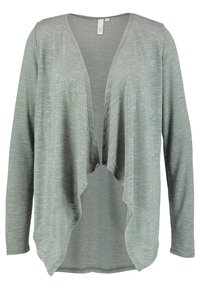 Světle zelený kardigan s otevřeným předním dílem vyrobený z měkké, strukturované tkaniny. Má dlouhé rukávy a splývavý design s nerovným lemem.