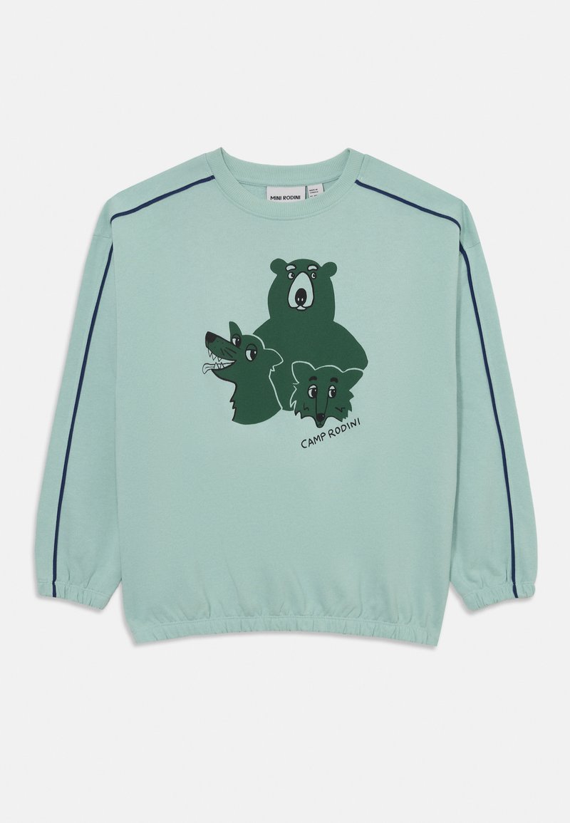 Sweatshirt verde menta com gola redonda, apresentando três gráficos de animais (urso e lobo) e riscas laterais em azul marinho. Material de algodão macio.