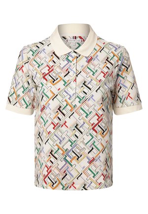 Short-sleeve polo shirt featuring a multicolored geometric pattern on a cream background, with a collared neckline and button detailing.