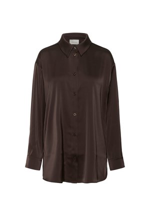 Brown satin button-up shirt featuring a classic collar, long sleeves, and a loose fit with a smooth texture and subtle sheen.