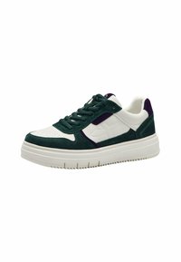Green and white sneakers with suede material, a thick white sole, and purple accents on the heel and side panel. Features traditional laces.