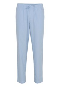 Lichtblauwe pyjamabroek met verticale witte strepen, voorzien van een elastische tailleband met een trekkoord, taps toelopende pijpen en een gladde textuur.
