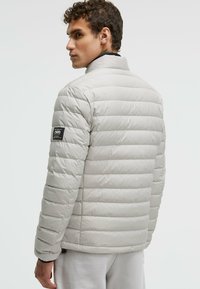 Hellgraue Daunenjacke mit horizontalem Steppdesign, Stehkragen und schwarzem Logo-Patch auf dem linken Ärmel. Glatte, glänzende Textur.