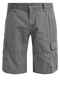 Shorts cargo grigi di cotone misto, con tasche laterali, dettagli cuciti e chiusura con bottone. Lunghezza al ginocchio con una vestibilità comoda.
