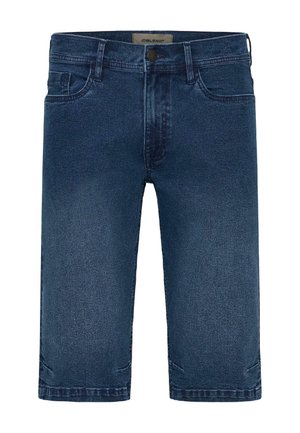 Pantaloni scurți din denim albastru închis, până la genunchi, cu buzunare frontale, găici pentru curea și închidere cu nasture.