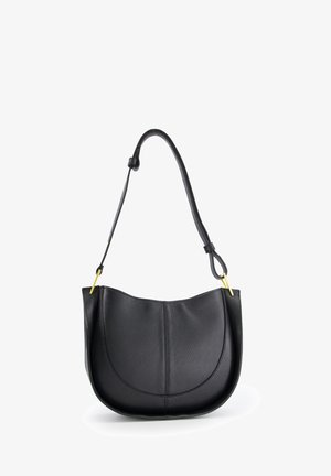 Black leather shoulder bag with a curved shape, textured surface, and a long strap. Features gold-tone hardware accents.