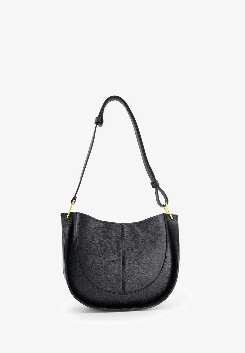 Black leather shoulder bag with a curved shape, textured surface, and a long strap. Features gold-tone hardware accents.