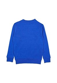 Maglione blu con una texture a costine, scollatura rotonda e maniche lunghe. Presenta un design semplice senza loghi o decorazioni visibili.