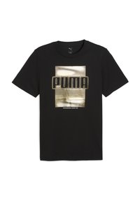 Černé bavlněné tričko s výrazným zlatým a bílým logem "PUMA" s horizontálními pruhy, kulatým výstřihem a krátkými rukávy.