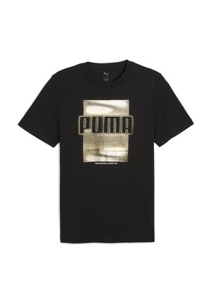 Černé bavlněné tričko s výrazným zlatým a bílým logem "PUMA" s horizontálními pruhy, kulatým výstřihem a krátkými rukávy.