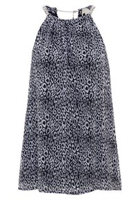 Haut à col halter noir et blanc à motifs avec un encolure froncée, présentant un tissu texturé et une accent en chaîne à l'arrière.